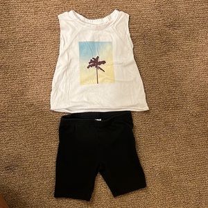 Palm tree/beach tank top, toddler girl and black bike shorts, size 2T